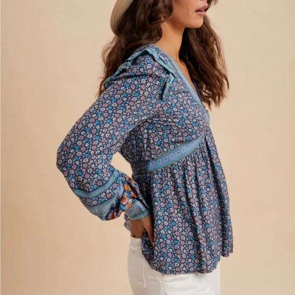 Floral Print Boho Blouse Blue - Picture 3 of 6